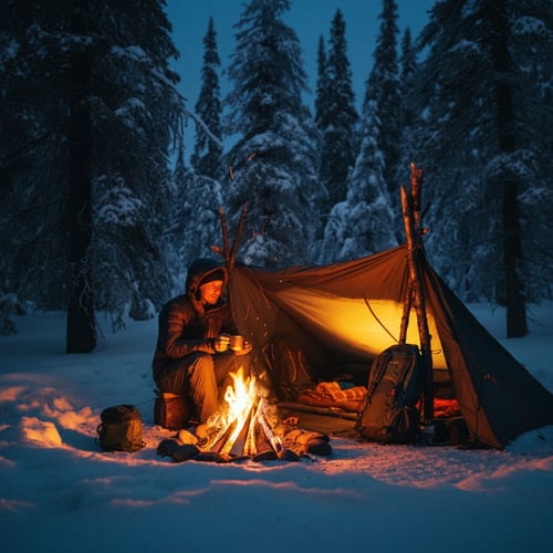 A cozy scene of an adventurer sitting by a campfire at dusk