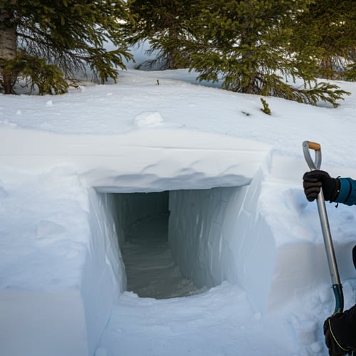 A partially dug-out snow cave on a snowbank