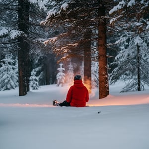 A person sitting in the middle of a snowy forest