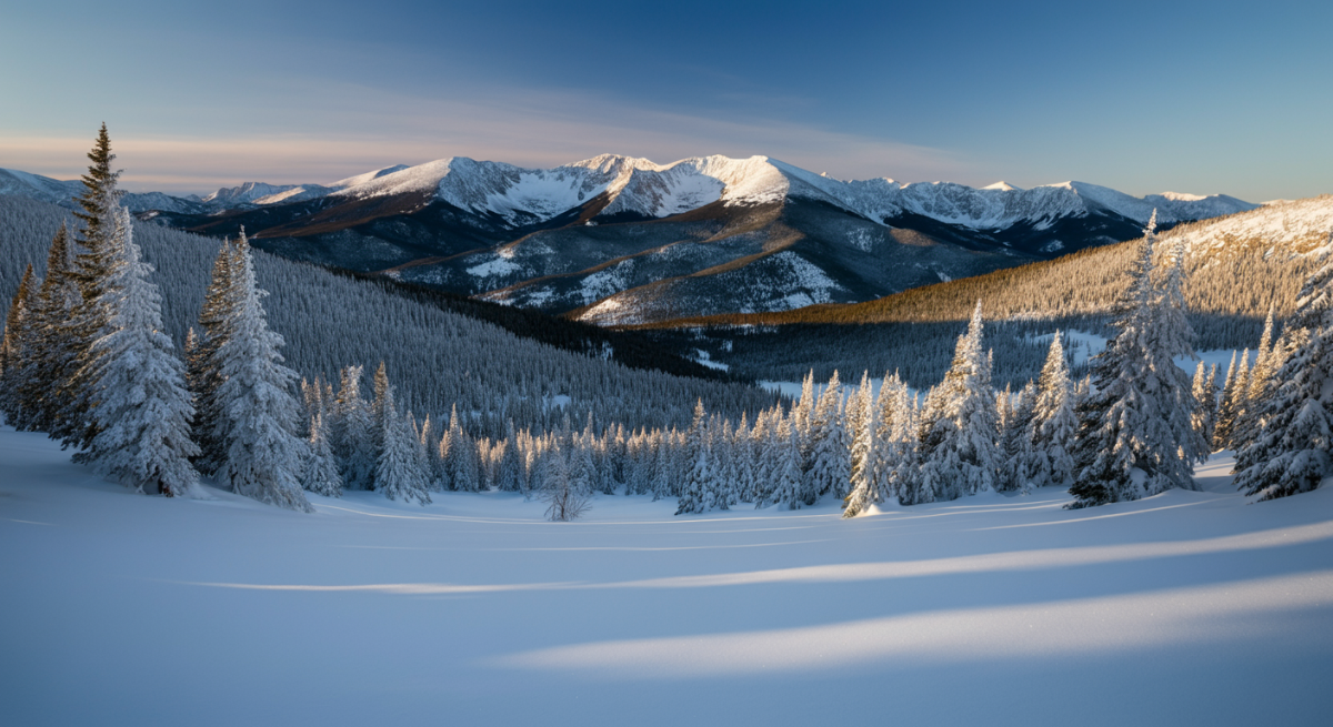 A vast winter landscape in the Colorado Rockies at dawn