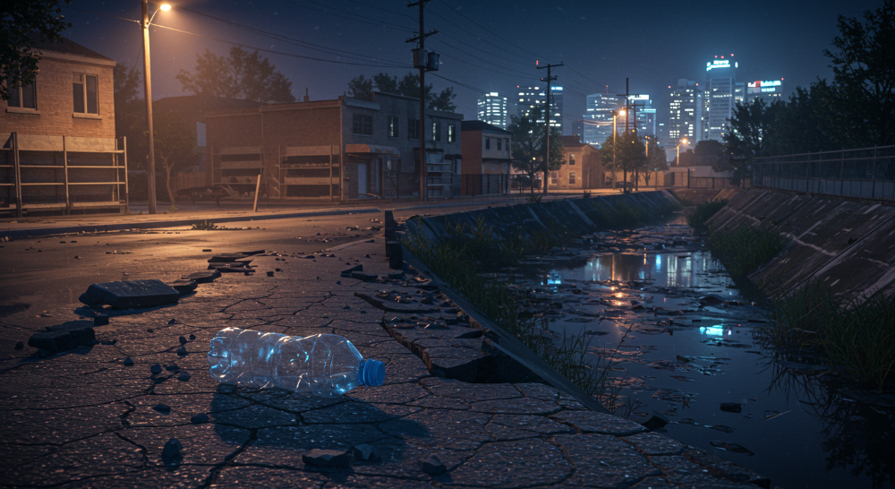 A stranded urban neighborhood after a disaster, with empty store shelves and a broken water main flooding the street, emphasizing the struggle for clean water. In the foreground, a discarded plastic water bottle lies on cracked pavement, symbolizing scarcity. A nearby polluted urban pond or drainage area reflects city lights, reinforcing the dangers of unsafe water sources. The image should evoke urgency and highlight the unseen risks of contaminated water in urban environments.