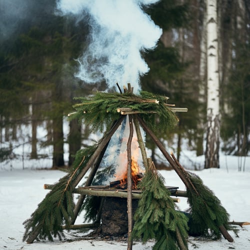 smoke signal fire set up on a raised platform