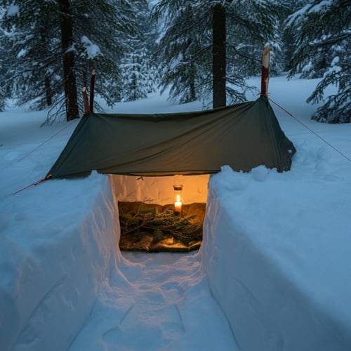 snow trench shelter covered with a tarp