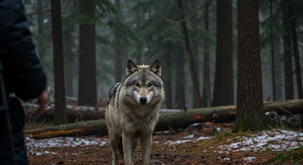 A lone gray wolf stands in the middle of a dense forest, its piercing yellow eyes locked onto the viewer. The wolf's fur is thick, slightly ruffled, and illuminated by soft natural light filtering through the tall pine trees. The atmosphere is tense but not aggressive—the wolf is cautious, ears perked up, assessing the situation. The background consists of a misty forest with towering evergreens, fallen logs, and patches of snow or dried leaves covering the ground. The perspective is from the point of view of a hiker, slightly low to the ground, as if the viewer is standing in the scene, facing the wolf. A backpack strap or trekking pole is partially visible in the foreground, hinting at the presence of a human. The lighting is natural and balanced, evoking a sense of wilderness