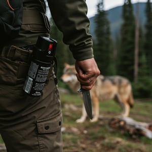 A close-up of a backcountry hiker’s belt, showing bear spray, a knife, and an air horn neatly arranged in pouches. In the slightly blurred background, a wolf is faintly visible in the treeline, suggesting preparedness.