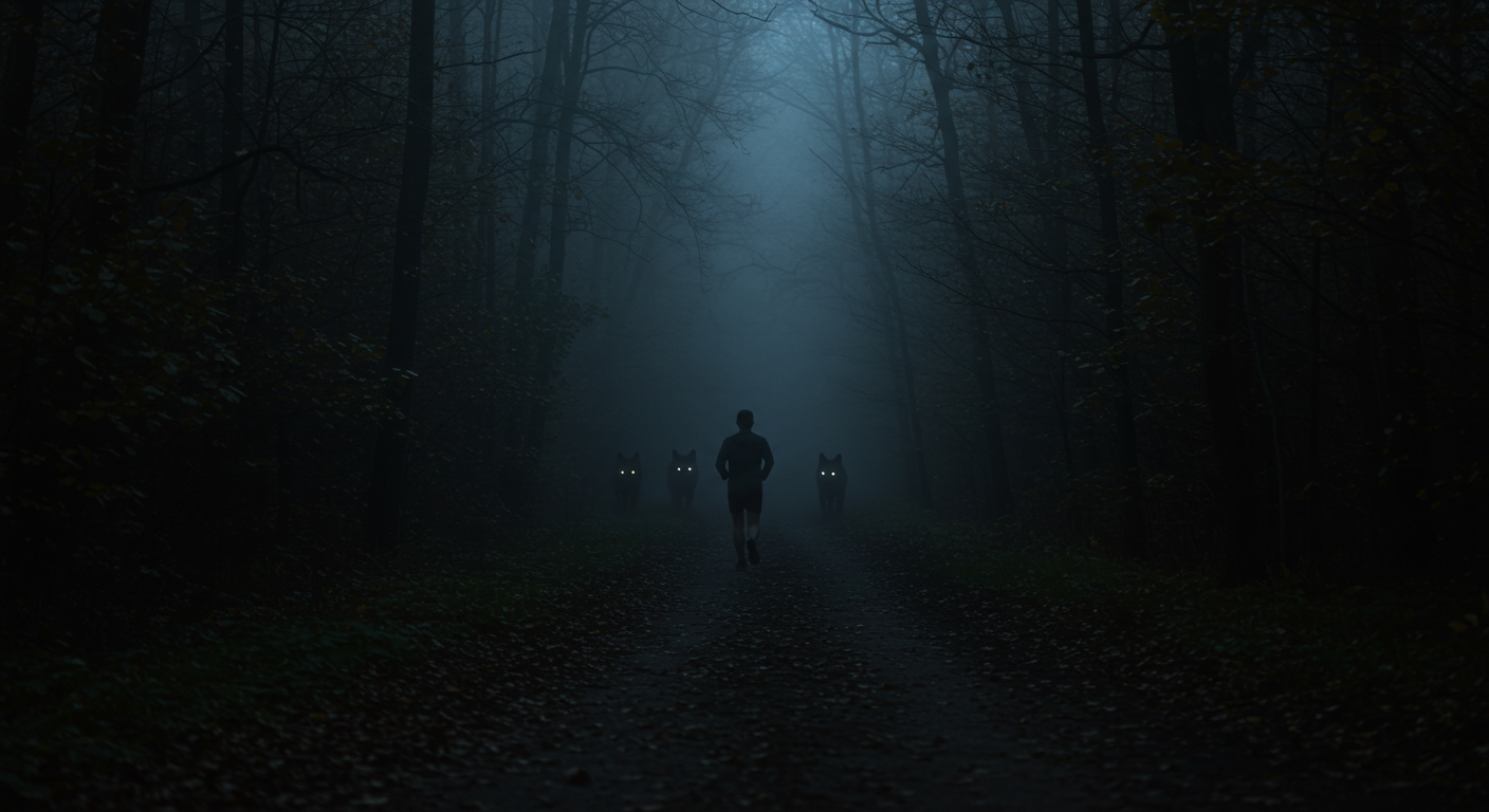 A dark, ominous forest path with a lone jogger in the distance. Silhouettes of wolves are barely visible among the trees, their glowing eyes peering from the darkness. The setting conveys tension without showing direct violence.