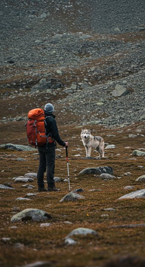 A hiker in a rugged mountain landscape stands firmly while facing a single wolf a few yards away. The hiker looks confident, making himself appear larger, while the wolf stands cautiously, its posture neither aggressive nor submissive.