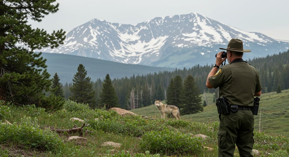 A Colorado Parks and Wildlife officer stands at a distance, observing a protected gray wolf in an open field. The officer wears a uniform and carries binoculars, carefully monitoring the wolf’s movements. The landscape features rolling hills, scattered pine trees, and a clear blue sky, highlighting Colorado’s wilderness. The wolf stands alert, its thick fur blending with the natural surroundings.