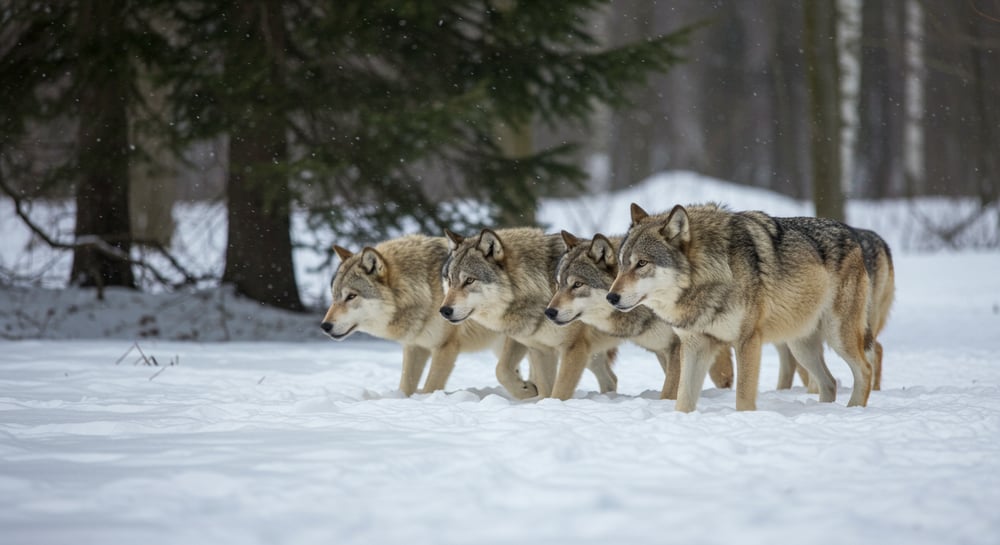 A small pack of wolves moving through a snowy forest, their breath visible in the cold air. The alpha wolf is leading, while others follow in a single-file line, their eyes sharp and focused.