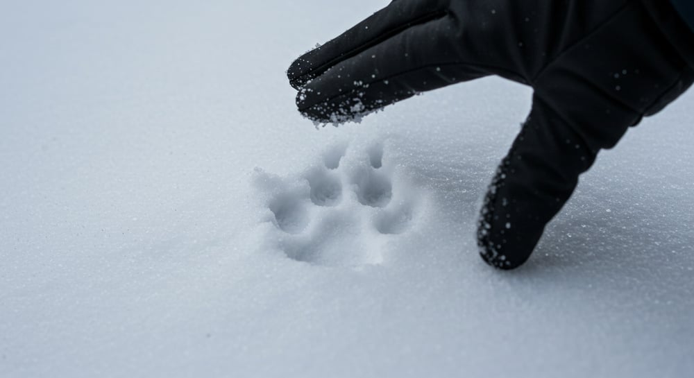 A close-up of a fresh wolf track in the snow, detailed with crisp edges. A gloved hand hovers above the print for scale, showing its size. In the background, faint traces of a wolf’s movement continue through the snow.