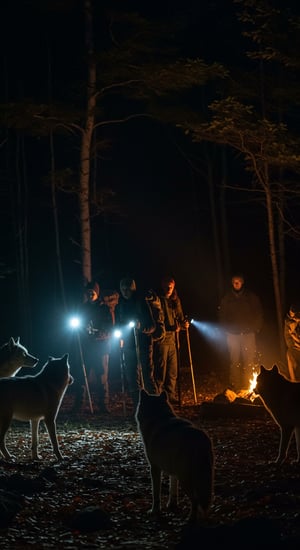 A tense nighttime scene where a group of campers stand back-to-back, holding flashlights and hiking sticks, while several wolves watch them from the edge of a fire-lit clearing. The wolves’ eyes reflect the firelight, giving an eerie glow.