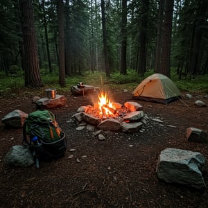 A well-organized backcountry campsite at dusk, with a fire burning safely in a fire ring, food hung high in a tree, and a motion-detection alarm set up on a perimeter line. A dense forest surrounds the camp.