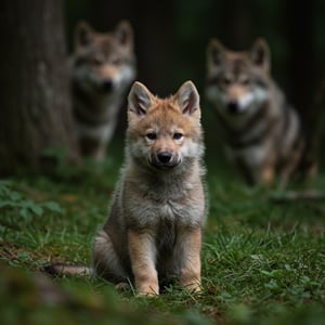 A fluffy wolf pup sitting in a grassy clearing, looking curious and innocent. However, in the shadows behind, faint outlines of adult wolves can be seen watching carefully from the trees.