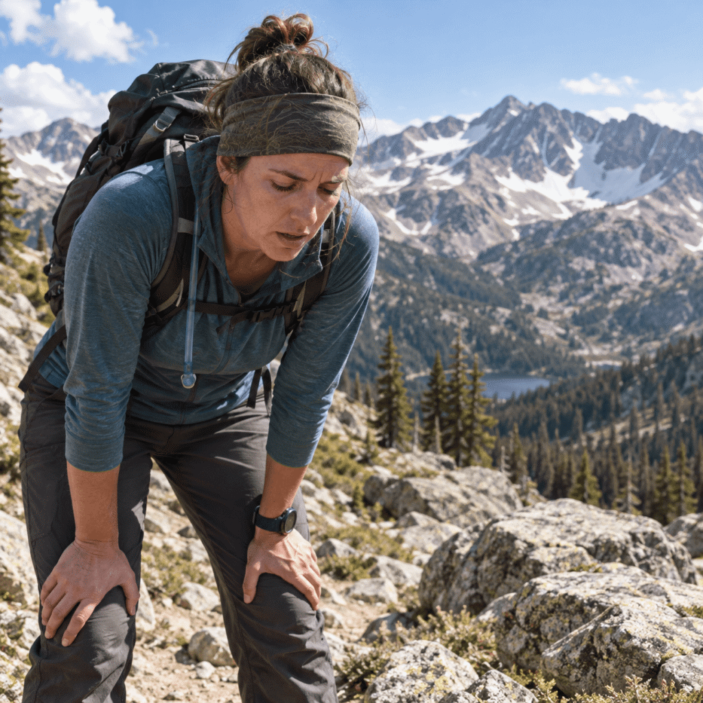 Hiker pausing at high elevation in the Colorado mountains, showing signs of fatigue and possible altitude illness.