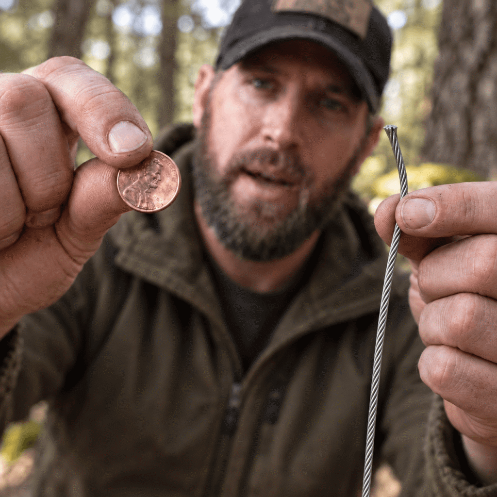Jason Marsteiner holds a penny and a separate piece of steel snare wire during a wilderness survival trapping demonstration.