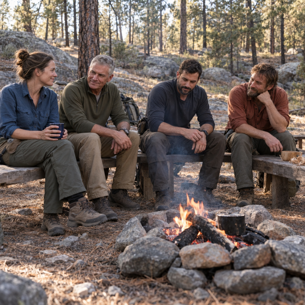 Four adults sit on wooden benches around a small campfire in a pine forest.