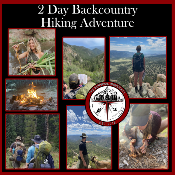 A collage of photos from a two-day backcountry hiking adventure with The Survival University, featuring scenes of wild plant foraging, fire starting, map reading, trail hiking, and scenic mountain views, with a mix of solo and group moments.