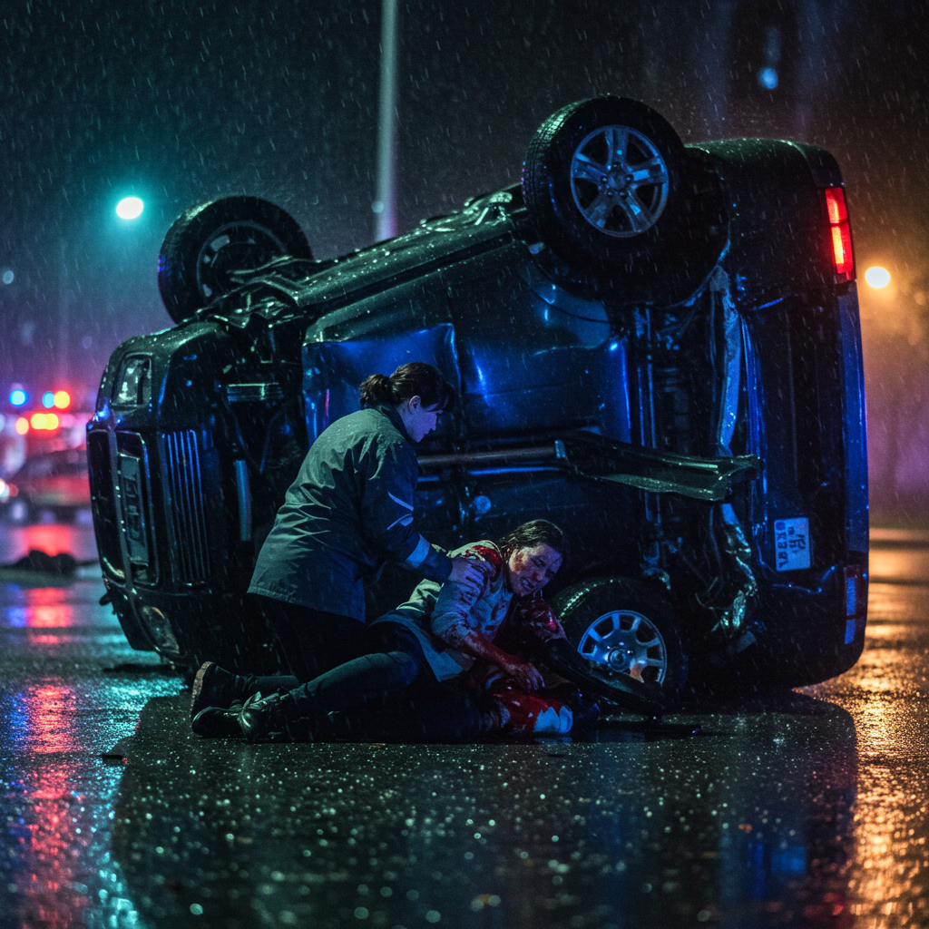A flipped SUV on the side of the road