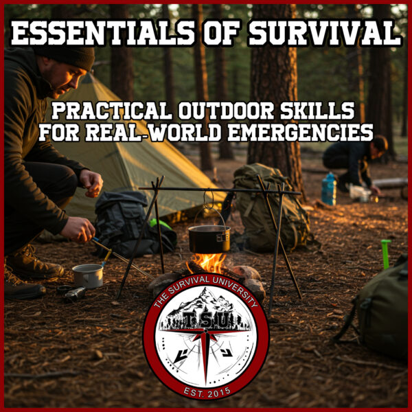 Person using a ferro rod to start a fire under a suspended pot at a forest campsite, with tents, backpacks, and gear visible around. Another person filters water in the background. Text reads “Essentials of Survival – Practical Outdoor Skills for Real-World Emergencies” with The Survival University logo at the bottom.