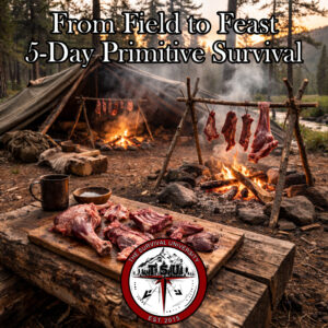 Primitive backcountry camp with goat primal cuts being smoked over an open fire during Field to Feast 5 day wilderness course in Colorado