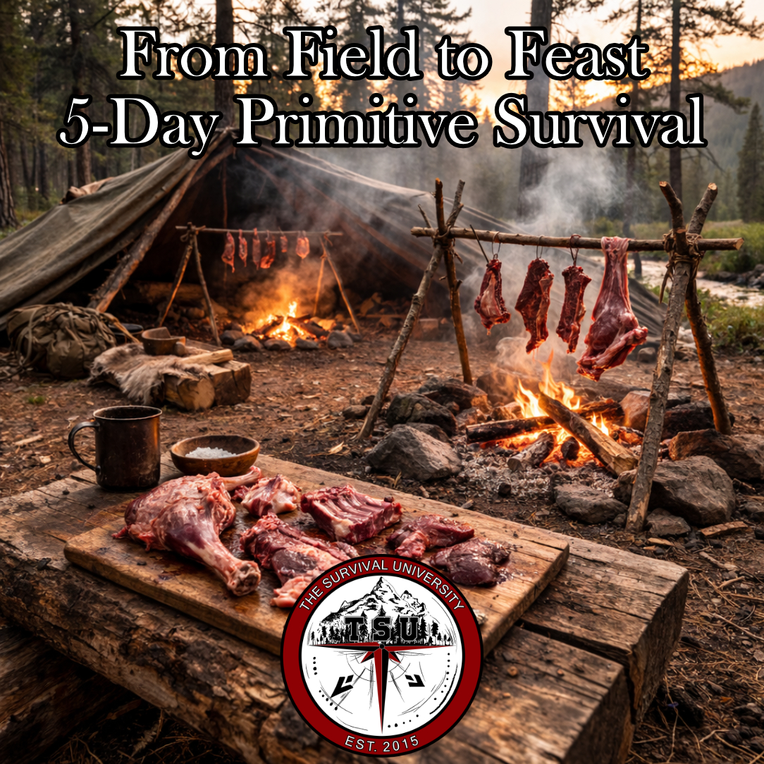 Primitive backcountry camp with goat primal cuts being smoked over an open fire during Field to Feast 5 day wilderness course in Colorado
