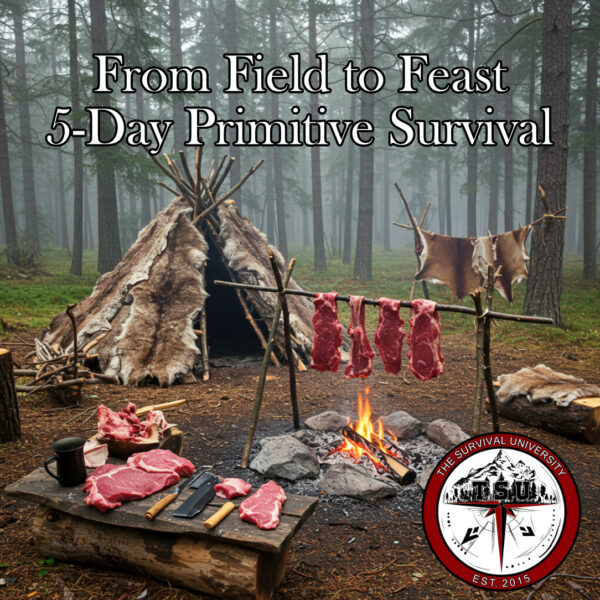 Primitive survival camp setup in a forest, with animal hides, butchered meat, tools, a fire pit, and rustic cooking gear under a shelter. Text reads “From Field to Feast 5-Day Primitive Survival” with The Survival University logo.