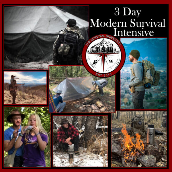 Promotional collage for the "3 Day Modern Survival Intensive" course at The Survival University. The image includes scenes of modern survival techniques such as setting up a plastic shelter, using survival gear, navigating rugged terrain, learning fire-starting skills, and spending time in the wilderness. The TSU logo is centered prominently.