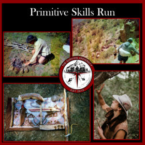 Students practicing ancestral skills, crafting tools, and moving through rugged terrain during a primitive skills challenge.