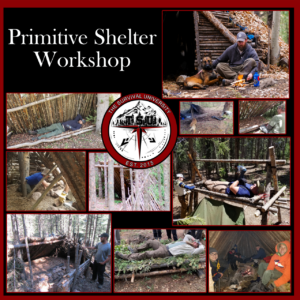 Collage of people building and resting in primitive shelters in a wooded area during a survival skills workshop.