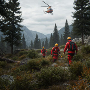 SAR team in red gear searching through brush in the mountains as a helicopter hovers overhead