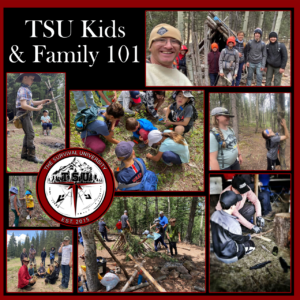 A collage of outdoor survival training moments featuring children and families learning skills like fire starting, shelter building, navigation, and teamwork in a forest setting. The image is titled “TSU Kids & Family 101” and displays The Survival University logo prominently.