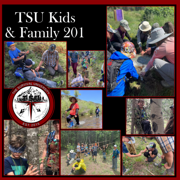 A collage of children and families participating in hands-on wilderness learning, including creek crossings, tracking, team challenges, and naturalist exploration. The title reads “TSU Kids & Family 201” with The Survival University logo featured.