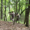 Two armed individuals moving tactically through a forest, one aiming down sights while the other follows closely behind.
