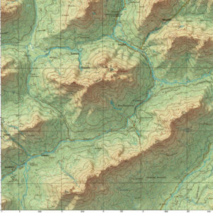 Detailed topographic map showing mountainous terrain with contour lines, ridgelines, and waterways