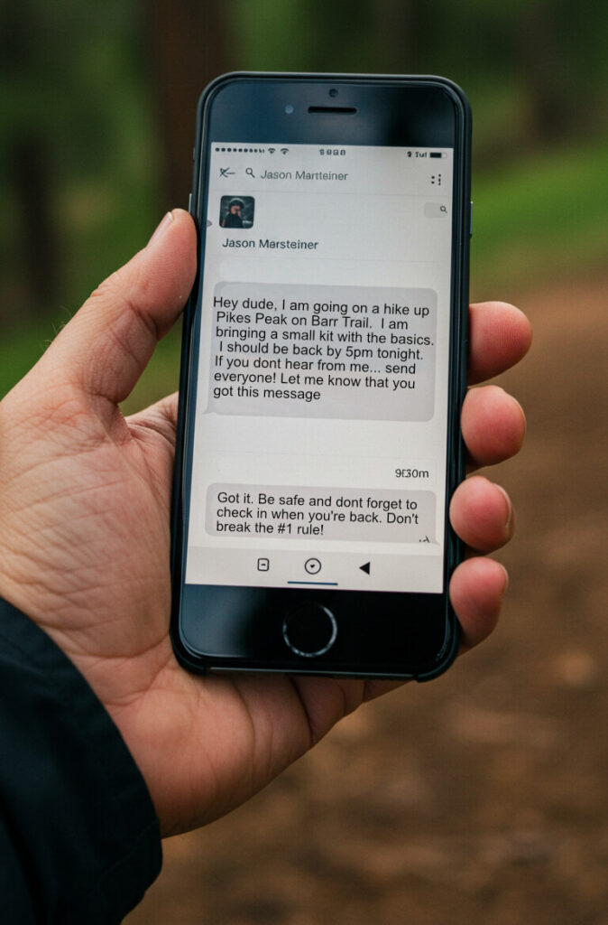 Close-up of a hand holding a smartphone outdoors showing a text message from Jason Marsteiner about a solo hike on Barr Trail