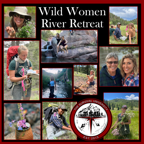 A collage of adventurous women during the Wild Women River Retreat, featuring river dips, plant foraging, map reading, fire tending, and joyful moments in lush mountain landscapes.