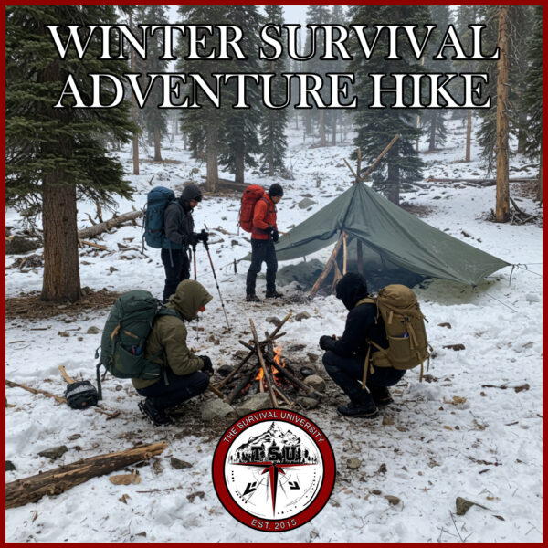 Group of hikers with large backpacks gather around a small campfire in a snowy alpine forest next to a green tarp shelter. The scene is part of a winter survival training expedition by The Survival University.