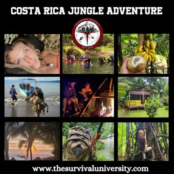 A collage of nine photos showcasing highlights from The Survival University’s Costa Rica Jungle Adventure, including ocean arrival, jungle exploration, fireside moments, wild foods, tropical cabins, and a lush rainforest setting.