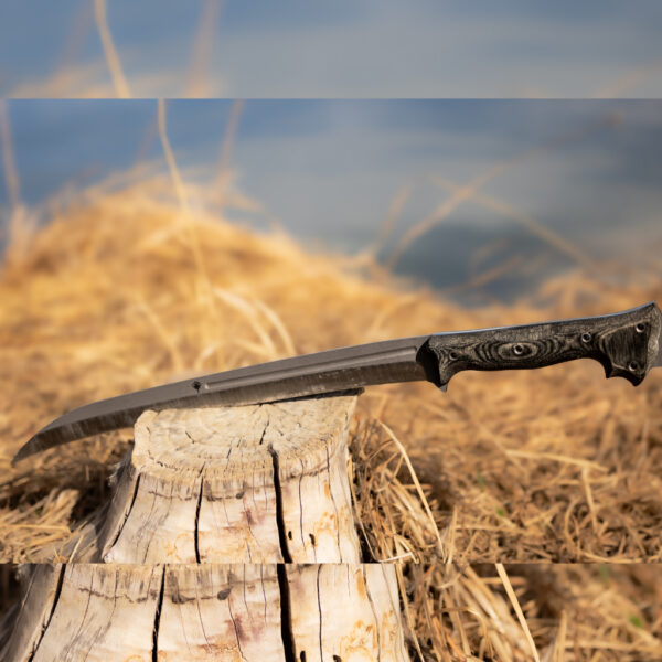 The Gallantry knife resting on a tree stump in front of dry grass and water, showcasing its full tang blade and sculpted micarta handle.