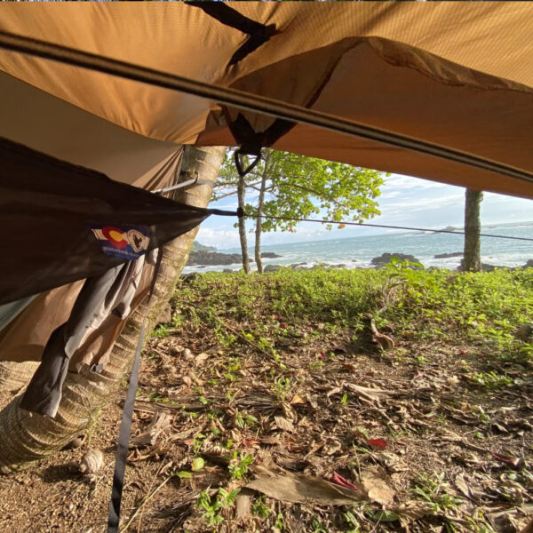 View from inside a hammock setup along a tropical coastline, with a Survival University patch visible and the ocean waves crashing beyond a line of palm trees.