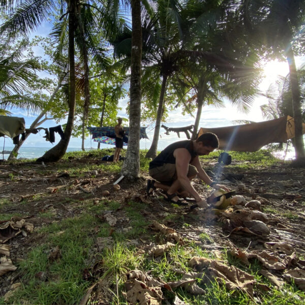 Man preparing coconuts under palm trees at a beachside jungle camp, with hammocks strung between trees and sunlight streaming through the canopy.