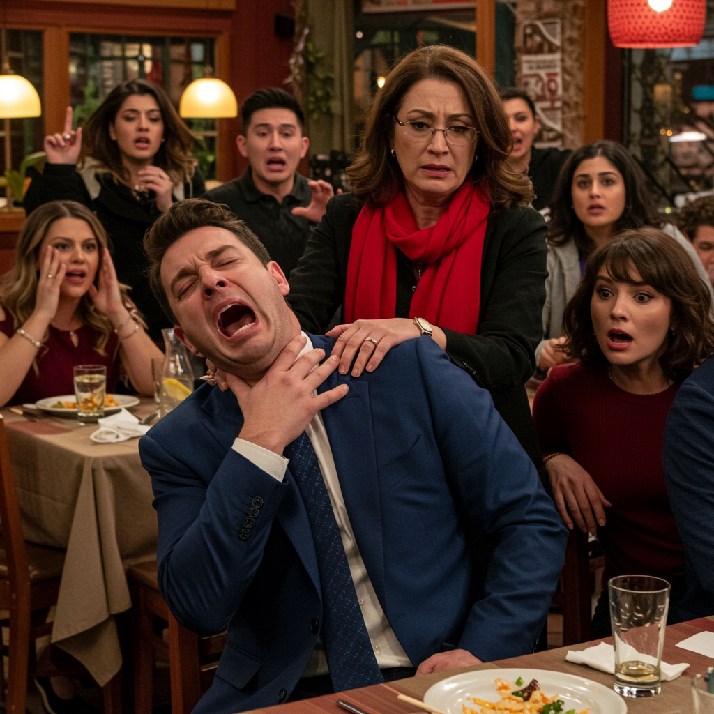 A man at the next table lurches forward, knocking over his glass. His hands fly to his throat, his eyes wide with panic