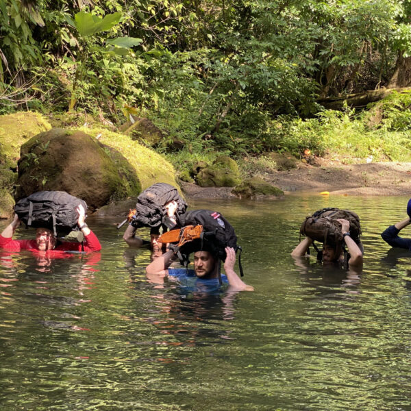 Five people wade through a jungle river holding heavy backpacks over their heads to keep them dry, surrounded by lush green forest and mossy boulders.