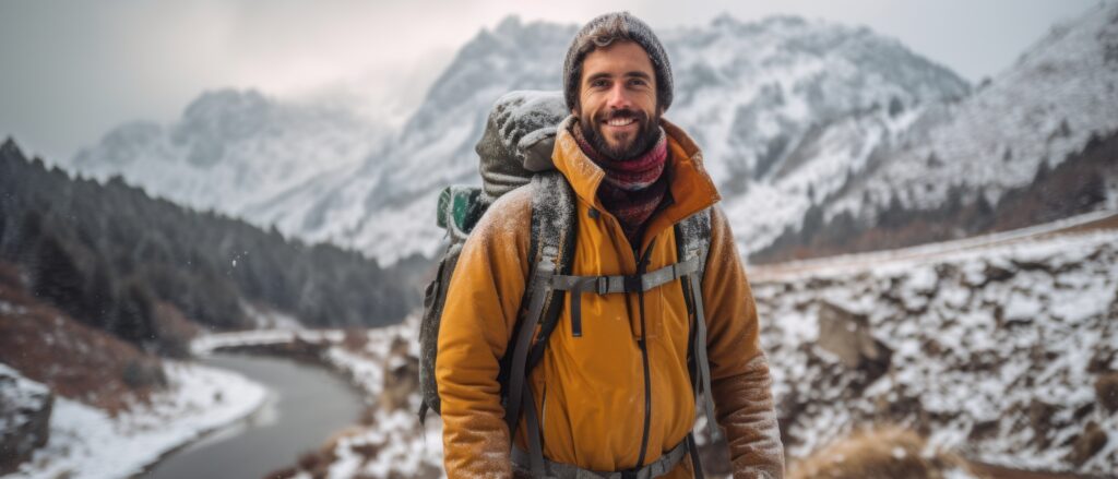 Man wearing winter hiking gear and backpack in snowy mountain landscape, demonstrating proper cold weather clothing for survival training.
