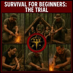 Survival for Beginners: The Trial graphic featuring a collage of outdoor training scenes. Students practice fire starting, tarp shelter building, water collection, and teamwork in a wooded setting. Centered in the design is The Survival University patch with “Survival for Beginners – The Trial” written around the edge.