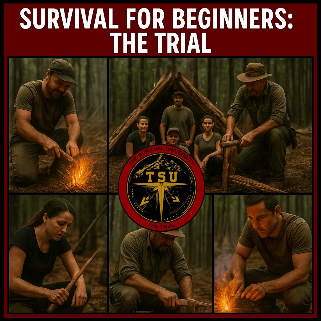 2 Day Survival For Beginners THE TRIAL Survival for Beginners: The Trial graphic featuring a collage of outdoor training scenes. Students practice fire starting, tarp shelter building, water collection, and teamwork in a wooded setting. Centered in the design is The Survival University patch with “Survival for Beginners – The Trial” written around the edge.