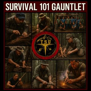 Survival 101 Gauntlet course image with men and women training in the forest. Scenes include fire starting, chopping wood, building shelters, and using primitive tools. The center features The Survival University logo with the words Survival 101 Gauntlet.