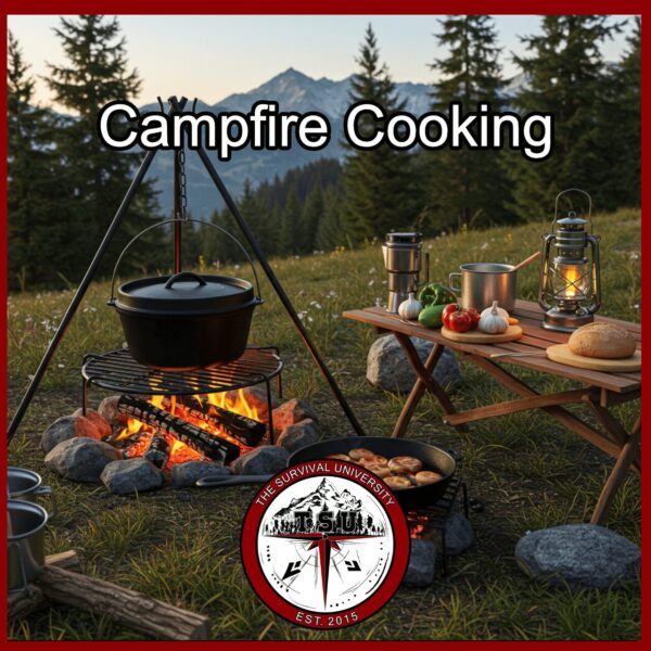Cast iron Dutch oven hanging over a campfire with a skillet cooking beside it, next to a wooden camp table holding vegetables, bread, and lanterns, set in the mountains at sunset.