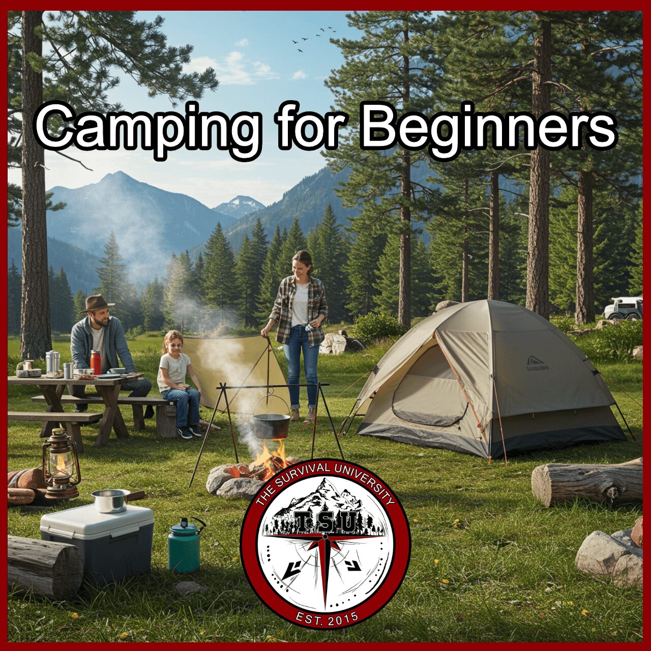 Family camping in the Colorado mountains with a tent, campfire, and picnic table during The Survival University Camping for Beginners course.