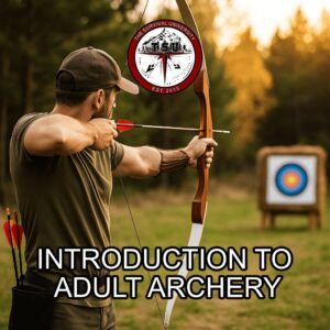 An adult archer aims a traditional recurve bow at a target on an outdoor range surrounded by pine trees during sunset at The Survival University in Colorado.